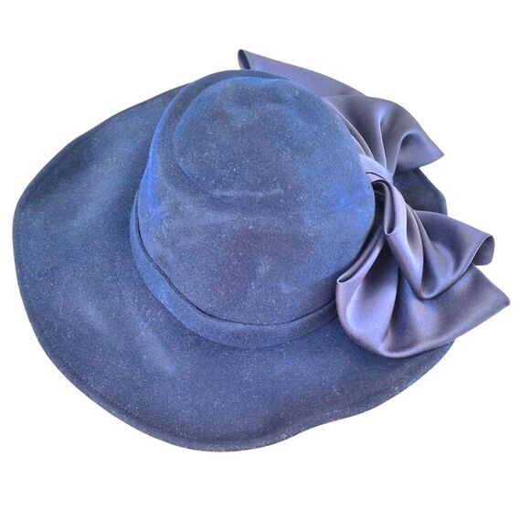 Vintage Mr. John Classic Wool Hat Wide Brim Satin Bow Navy Blue MCM Made in USA - Picture 2 of 13